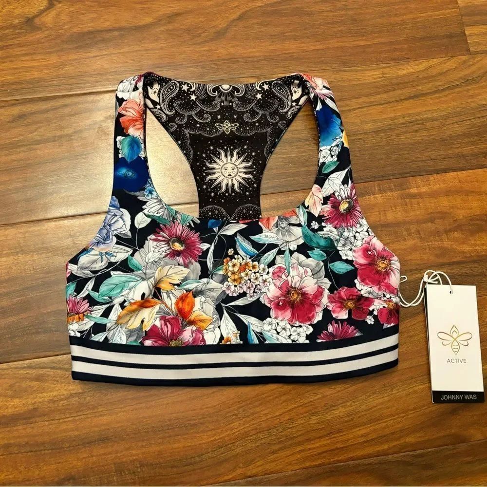 Johnny Was Active reversible floral/black pattern sport bra NWT
